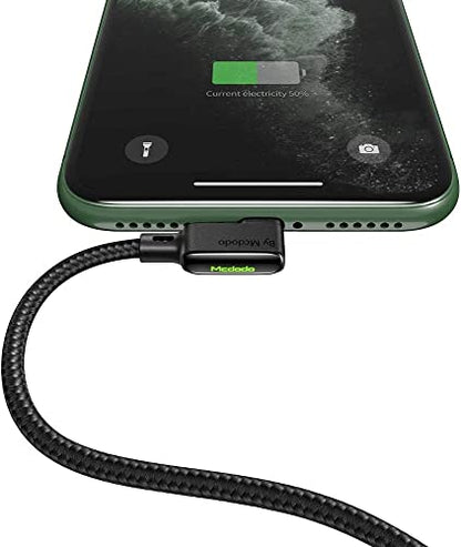 mcdodo USB 90 Degree Right Angle Design Gaming LED Cord Nylon Braided Sync Charge USB Data 6FT/1.8M Cable Compatible with iPhone 14/13/12/11 Pro Max (Black, 4FT/1.2M)