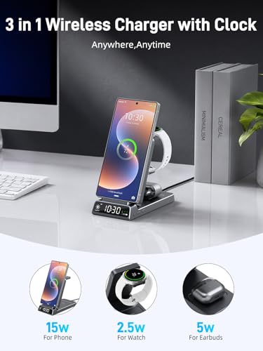 3 in 1 Wireless Charging Station for Samsung, Wireless Charger with Clock
