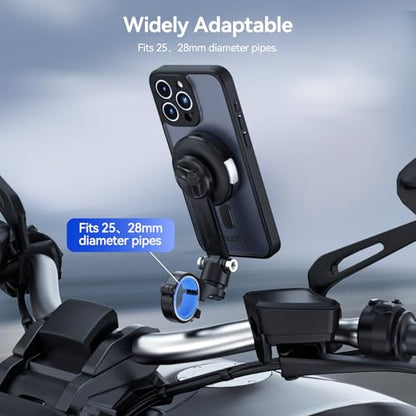 TELESIN Motorcycle Phone Mount Fit iPhone 15 Pro Max, Magnetic Motorcycle Phone Holder with Vibration Dampener & Metal Buckle [One-Click Unlock] with Magnetic Phone Case for 25 & 28 mm Handlebars