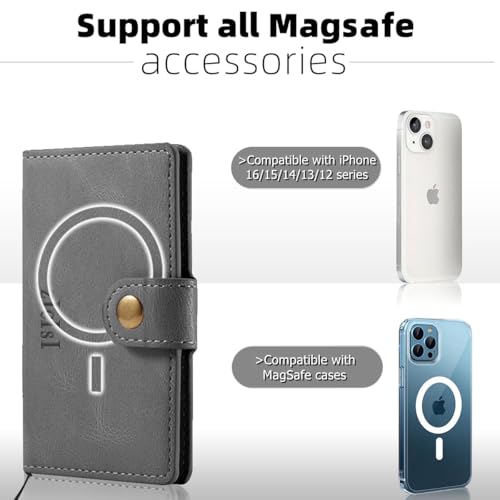 Magsafe Phone Wallet,Magnetic Wallet for iPhone 16/15/14 Pro Max/14 Pro/14 Plus/13/12 Series,5 Card Slots with RFID Blocking/Tether Tab/Rop,Anti-lost,Vegan Leather,Gray - color: Gray