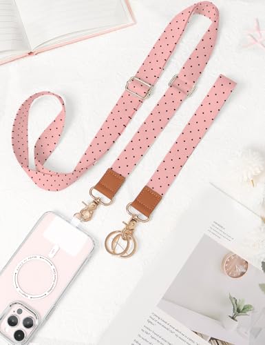 Phone Lanyard Crossbody Strap, Adjustable Neck Strap and Wristlet Strap for Phone Wallet ID Badge with 2 Phone Tabs - color: Pink Black Dots
