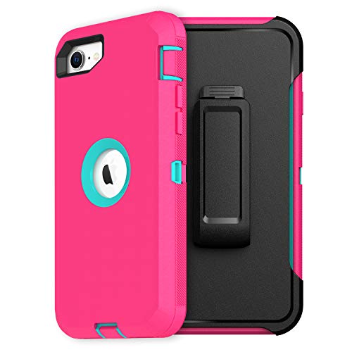 MXX Case Designed for iPhone SE Case 2020 /SE 2022 Heavy Duty Protective with Screen Protector [3 Layers] Rugged Rubber Protection Cover & Rotating 360 Degree Belt Clip SE 3rd/2nd Gen(Pink/Light Blue) - color: Pink/Light Blue