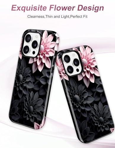 Jusy Magnetic Floral Phone Case for iPhone 14 Pro,Black Pink | Compatible with MagSafe, Cute Aesthetic Floral Design, TPU and PC Protective Shockproof Cover - color: Black Pink Lotus