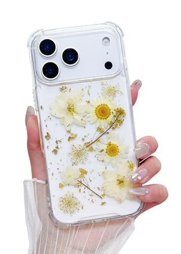 Compatible with iPhone 17 Pro Case Clear Flowers Shockproof | Handmade Natural Pressed Floral Gliter Cute Soft TPU Protective phone cover for women girls - color: White Flower, size: iphone 17 Pro