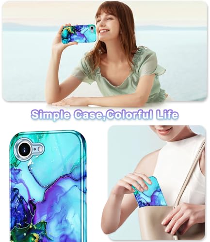 Btscase Compatible with iPhone 17e Case 6.1 Inch 2026,Marble Pattern 3 in 1 Heavy Duty Shockproof Full Body Rugged Hard PC+Soft Silicone Drop Protective Women Girl Phone Cases, Cyan - color: Cyan, size: iPhone 17e