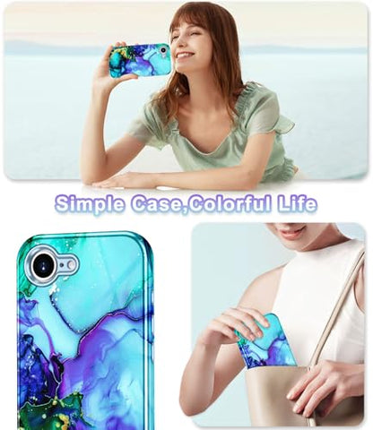 Btscase Compatible with iPhone 17e Case 6.1 Inch 2026,Marble Pattern 3 in 1 Heavy Duty Shockproof Full Body Rugged Hard PC+Soft Silicone Drop Protective Women Girl Phone Cases, Cyan - color: Cyan, size: iPhone 17e