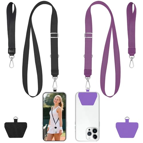 takyu Phone Lanyard, 2 Pack Adjustable Anti-Drop Neck/Wrist Strap with 2 Pcs Tether Patches, Secure Hands-Free Compatible for iPhone Samsung Perfect for Nurses, Teachers, Travel, Hiking Black+Purple - color: Black + Purple