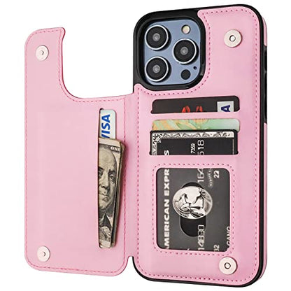 ONETOP for iPhone 14 Pro Max Wallet Case with Credit Card Holder,Pink | Kickstand,ID/Cash Holder,Case Wallet with Card Slots,Double Magnetic Clasp,Durable PU Leather Shockproof Cover for Women Men - color: Pink