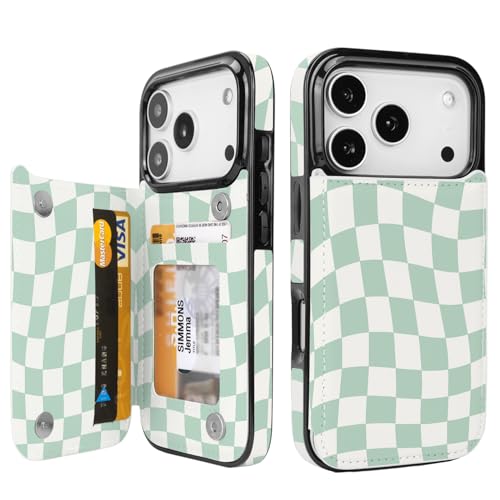for iPhone 17 Pro 6.3" Wallet Case with Card Holder(Checkerboard) - color: Green Checkerboard, size: iPhone 17 Pro 6.3 inch