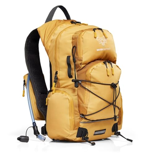 Water Buffalo Sherpa 22L Hiking Hydration Backpack, 2L Bladder | Hiking Backpack with Water Bladder, Waterproof Zippers, Phone Compartment, Trekking Pole Holders, Padded Straps - color: Bonfire