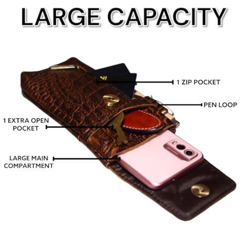 Leather Phone Holster Pouch for iPhone 16, 16 Pro,15 Pro 14, 14 Pro, 13 Pro, 13, 12 Pro, 12, Xs, X,11,Cell Phone Case with Belt Clip [Magnetic Closure] ID Card Holder Pouch(Fits Otterbox Case) - color: Croco Brown