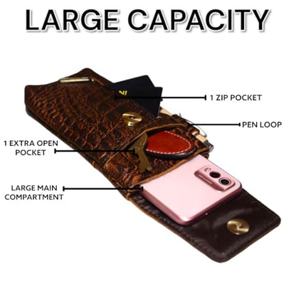 Leather Phone Holster Pouch for iPhone 16, 16 Pro,15 Pro 14, 14 Pro, 13 Pro, 13, 12 Pro, 12, Xs, X,11,Cell Phone Case with Belt Clip [Magnetic Closure] ID Card Holder Pouch(Fits Otterbox Case) - color: Croco Brown