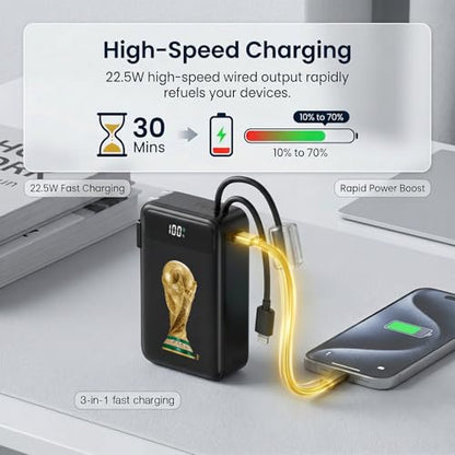 2026 FIFA Licensed Power Bank with Built-in Cable and Foldable Wall Plug, 22.5W 10000mAh Portable Charger, 3-in-1 Power Bank for iPhone 17/16/15 Series, FIFA World Cup 2026 Official Merchandise, Black - color: Black