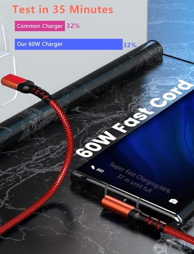 Red 2 Pack 10FT 60W/3A Nylon Braided USB C to USB C Cable, Right Angle 90 Degree, Fast Charging for iPhone 16/15, iPad Pro/Mini/Air, MacBook, Samsung Galaxy S24 and More - color: Red