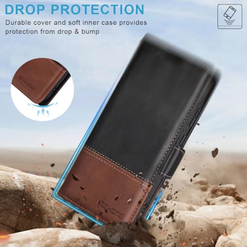 KEZiHOME Case for Galaxy S24 5G, Genuine Leather [RFID Blocking] Wallet Case with Card Slots Kickstand Folio Flip Phone Cover Compatible with Galaxy S24 5G (2024) (Black/Brown)