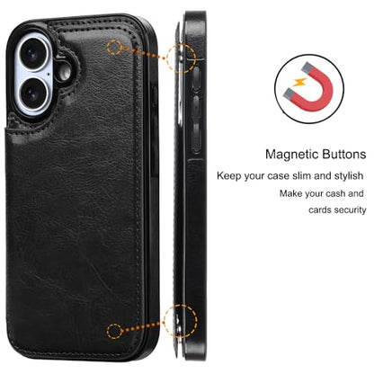 Wallet Case Compatible with iPhone 16 Plus 6.7”, Slim Protective Case with Card Holder,Premium PU Leather Kickstand Card Slots Case with Double Magnetic Clasp-Black - color: Black, size: iphone 16 Plus 6.7"