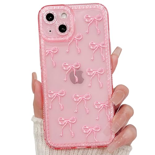 NITITOP Compatible with iPhone 14 Case Cute Clear Pink Glitter Bow Knot Design Shiny Star Sparkle Bling Diamond Girls Women Soft TPU Shockproof Protective Phone Cover - Large Bow - color: Large Bow, size: iPhone 14