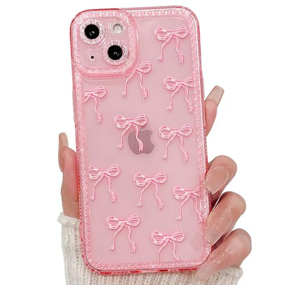NITITOP Compatible with iPhone 14 Case Cute Clear Pink Glitter Bow Knot Design Shiny Star Sparkle Bling Diamond Girls Women Soft TPU Shockproof Protective Phone Cover - Large Bow - color: Large Bow, size: iPhone 14