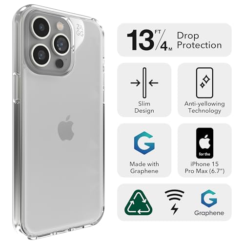 ZAGG Crystal Palace iPhone 15 Pro Max Phone Case - Drop Protection (13ft/4m), Anti-Yellowing & Scratch-Resistant iPhone Case, Wireless Charging Compatibility, Clear - size: iPhone 15 Pro Max, style: Without Magsafe