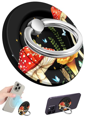 Toycamp Magnetic Phone Grip - Compatible with MagSafe Phone Grip Ring Stand for iPhone 17/16/15/14/13/12 Series Black Background Mushroom Cute Phone Ring Holder Grip for Women Girls - color: Mushroom