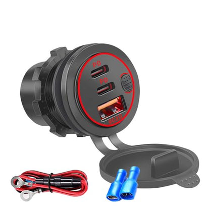 3 Ports 18W USB Car Charger with Switch, 12-24V QC 3.0 USB & Dual PD USB C Cigarette Lighter Socket Outlet, Dashboard Mount Quick Charger for Car Motorcycle Truck Marine Boat, Red Light - color: Red Light
