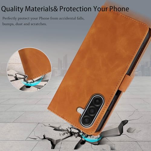 Wallet Case for Samsung Galaxy A17, RFID Blocking (Brown) | 4 card slots with ID window, cash pocket, wrist strap, stand function, magnetic closure, flip PU leather, TPU inner shell - color: Brown