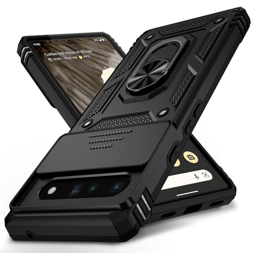 Vinve for Google Pixel 6 Pro Case with Slide Lens Cover, Military Grade Drop Protection, Magnetic Rotated Ring Holder Kickstand Protective Phone Case (Black) - color: Black ,Military Grade 2nd gen.