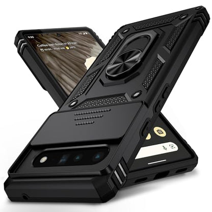 Vinve for Google Pixel 6 Pro Case with Slide Lens Cover, Military Grade Drop Protection, Magnetic Rotated Ring Holder Kickstand Protective Phone Case (Black) - color: Black ,Military Grade 2nd gen.