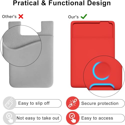 oakxco Phone Wallet Stick On, Secure Phone Card Holder Silicone, Adhesive Pocket Sleeve ID Credit Card, Slim Thin Card Case for Men Women Cute, Compatible with Apple iPhone Samsung Pixel, Red - color: Red