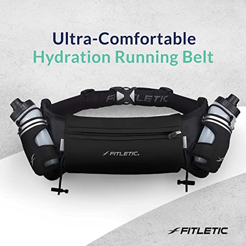 Fitletic Hydration Running Belt with Water Bottles for Men & Women – 2 Quick Flow 8oz Running Water Bottles, Patented Bounce Free Design, Water Resistant Pouch Fits All Phones – Hydra 16 - size: S/M (24"-34"), style: Black