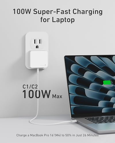 Nekmit 100W Flat USB C Charger Block, 3-Port GaN Fast Wall Charger(2*USB-C & 1*USB-A), USB C Wall Plug with Fixed Prongs for iPhone 17/16, MacBook Pro/Air, iPad, Galaxy and More - color: White
