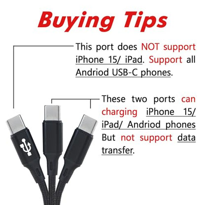 Awnuwuy Multi 3 in 1 USB C Cable 0.6FT 2Pack,USB C to 3 USB C Port Black - size: 0.6FT