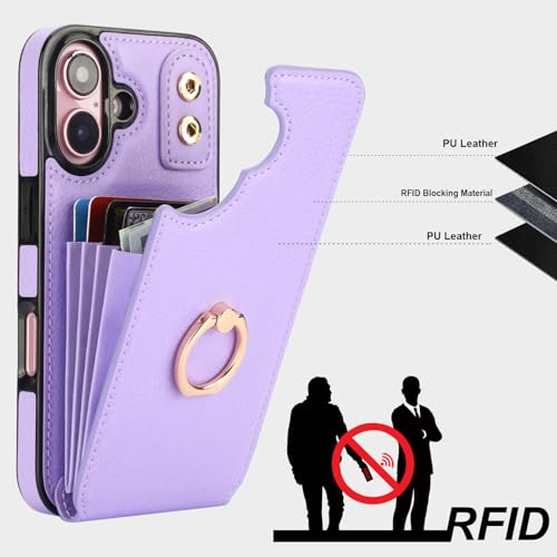 Folosu Compatible with iPhone 16 Case Wallet with Card Holder, 360°Rotation Finger Ring Holder Kickstand, RFID Blocking Leather Protective Double Buttons Shockproof Cover 6.1 Inch Purple - color: Purple