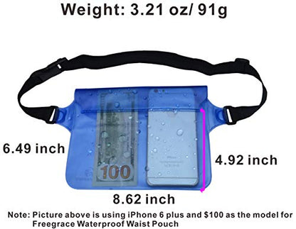 Freegrace Waterproof Pouches with Waist Strap / Pouch Case Bundle Set- Keep Your Phone & Valuables Dry and Safe - Waterproof Dry Bags for Boating Swimming Snorkeling Kayaking Beach Water Parks Pool - color: Black + Blue