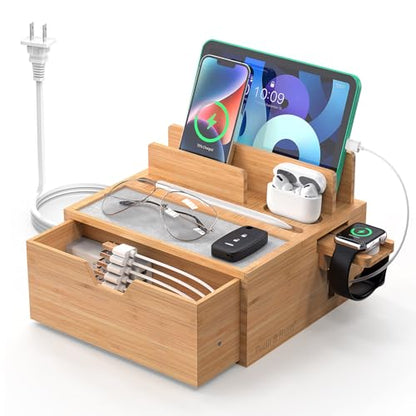 Pezin & Hulin Bamboo Charging Station with Power Charger & Cables-Black - color: #1 Bamboo (With Charger)