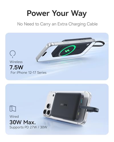 Baseus Magsafe Power Bank, 10,000mAh 30W Magnetic Portable Charger, Fast Charging Wireless Battery Pack with Built-in Braided USB-C Cable for iPhone 17 Pro Max/Air/16/15/14/13, AirPods, iPad and More