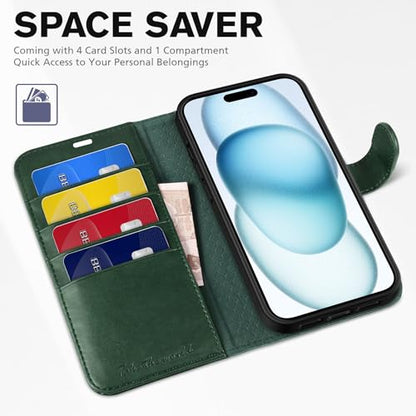 TUCCH Wallet Case for iPhone 15 (6.1") 2023, 4 Card Slots, Dark Green | RFID Blocking, Viewing Stand, Shockproof TPU Shell, PU Leather, Magnetic Closure, Protective Folio Flip Cover - color: Green
