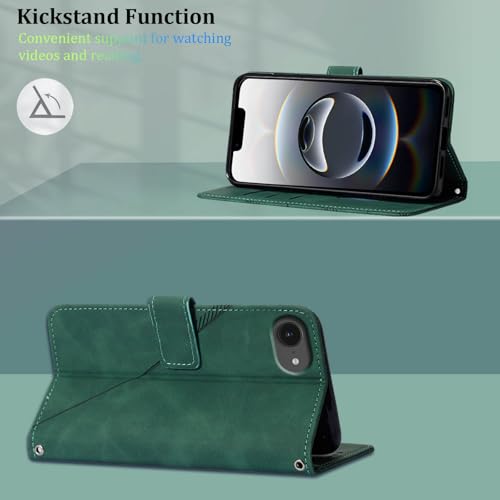 Flip Wallet Case for iPhone 17e/16e, Wrist Strap, Green | Embossed PU Leather, Detachable Wrist Strap, Card Slots, TPU Inner, Cash Pocket, Magnetic Closure, Stand, Precise Cutouts - color: Green