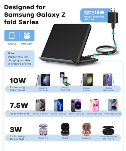 Wireless Charging for Samsung Galaxy Z Fold Series, 2-in-1, 15W Fast Wireless for Galaxy Z Fold 7/6/5/4/3, S24/S23/S22,Note20 Ultra, Galaxy Buds3/2 Pro/2/Live, Black (PD Adapter Included)