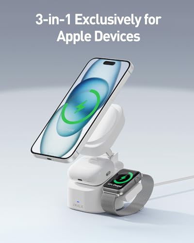 iWALK 3-in-1 Magnetic Wireless Charging Stand, 15W Foldable Charger Station for iPhone 16/15/14/13/12, Apple Watch & AirPods, Adjustable Dock with 20W USB-C Adapter - color: white