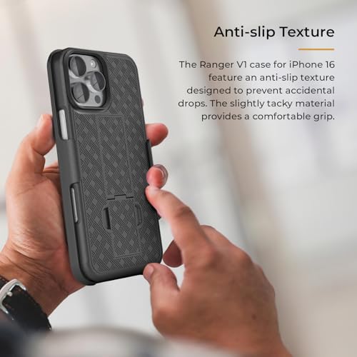 MOTIVE for iPhone 16 Pro max Case with Belt Clip, Rigid, Kickstand | 6.9" | Ranger v1 Series, Black, 360° holster, open-top/open-bottom port access, textured grip, slim - size: iPhone 16 Pro Max