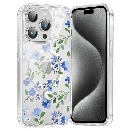 for iPhone 16 Pro Max Magnetic Case Cute Clear Flower Pattern Case, Aesthetic Spring Floral for Girls Women, Soft TPU Clear Slim Anti-Drop Shockproof Protective Phone Cover - Small Blue Flower - color: Small Blue Flower, size: iPhone 16 Pro Max