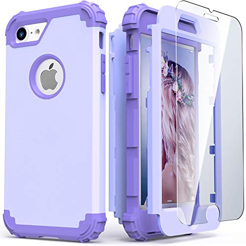 IDweel for iPhone 8 Case & for iPhone 7 Case with Screen Protector (Tempered Glass),3 in 1 Shockproof Hybrid Heavy Duty Hard PC Cover Soft Silicone Sturdy Bumper Full Body Sturdy Case, Purple - color: Purple