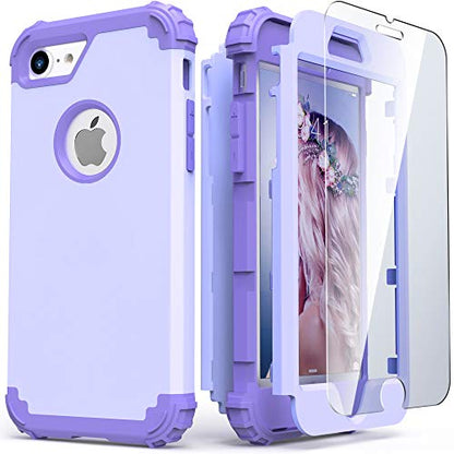 IDweel for iPhone 8 Case & for iPhone 7 Case with Screen Protector (Tempered Glass),3 in 1 Shockproof Hybrid Heavy Duty Hard PC Cover Soft Silicone Sturdy Bumper Full Body Sturdy Case, Purple - color: Purple