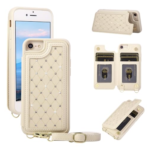 for iPhone 7/8/SE 2022/SE 2020 Wallet Case with Card Holder Slots and Strap, RFID Blocking Magnetic Flip Folio Cover, Crossbody Purse Protection Case with Kickstand,Beige Diamond - color: Beige Diamond, size: iPhone 7/8/SE 2022/SE 2020(6.6")