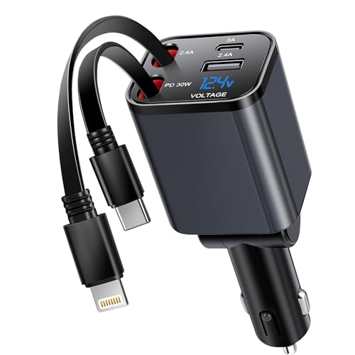 Retractable Car Phone Charger 75W 4 in 1 Fast USB C & Lightning Cables - size: Type-C+apple(3)