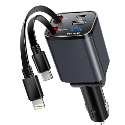 Retractable Car Phone Charger 75W 4 in 1 Fast USB C & Lightning Cables - size: Type-C+apple(3)