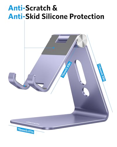 OMOTON Adjustable Cell Phone Stand, C2 Aluminum Desktop Cellphone Stand with Anti-Slip Base and Convenient Charging Port, Fits All Smart Phones, Haze Purple - color: Haze Purple