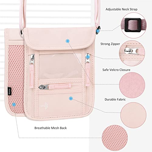 WALNEW Passport Holder Neck Pouch Travel Wallet for Women and Men, RFID Blocking Security Slim Traveling Wallet with Around Neck Lanyard Strap, Pink - color: Pink