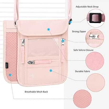 WALNEW Passport Holder Neck Pouch Travel Wallet for Women and Men, RFID Blocking Security Slim Traveling Wallet with Around Neck Lanyard Strap, Pink - color: Pink